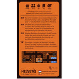 Helvetiq game box with text and graphics on an orange background