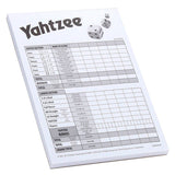 Yahtzee score sheet with dice on a white background