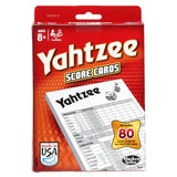 Yahtzee score cards packaging with red background and visible branding