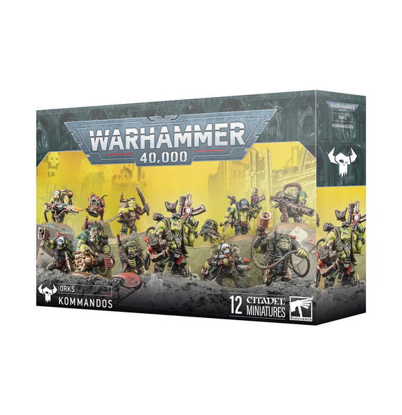 Warhammer 40,000 miniatures box with Orks Kommandos on a white background