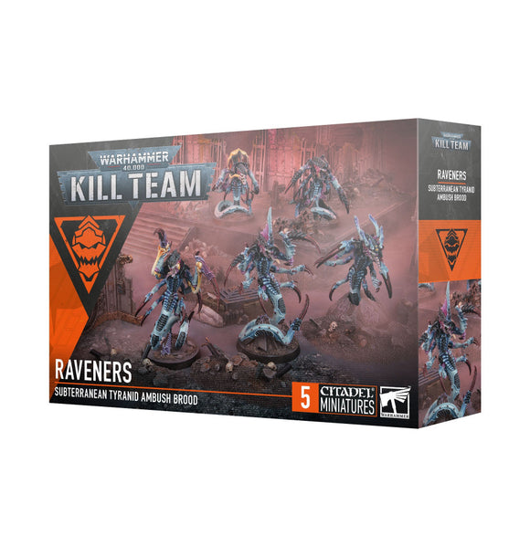 Box of Warhammer 40,000 Kill Team Raveners miniatures on a white background