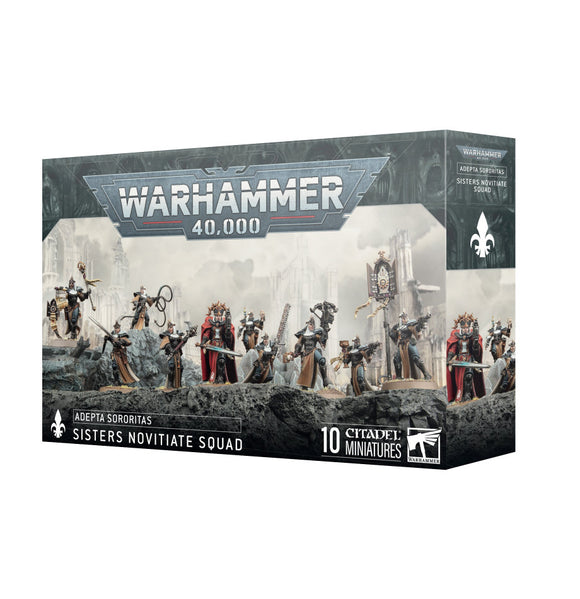 Warhammer 40,000 Sisters Novitiate Squad miniatures box with figures on a white background