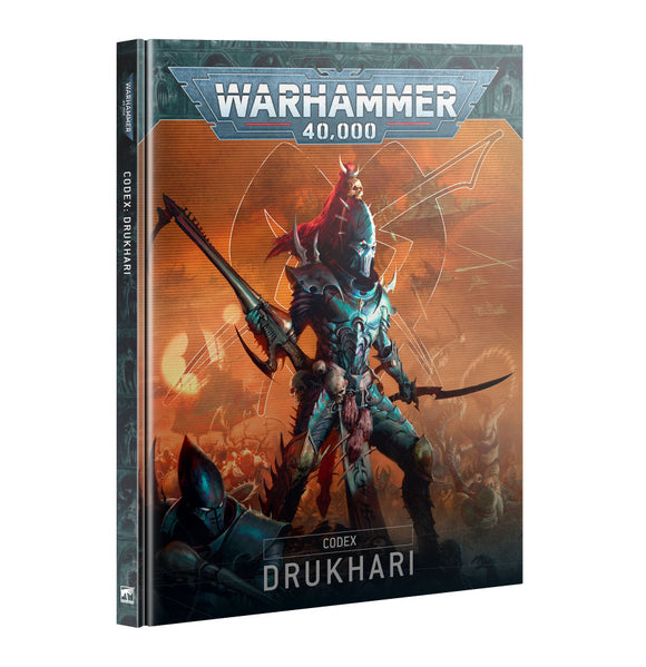 Warhammer 40,000 Codex Drukhari book cover with warrior illustration on a white background