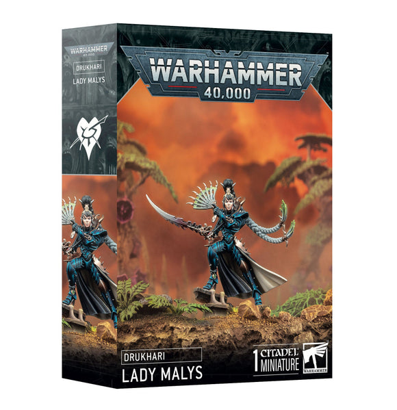 Warhammer 40,000 Drukhari Lady Malys miniature packaging with fiery background