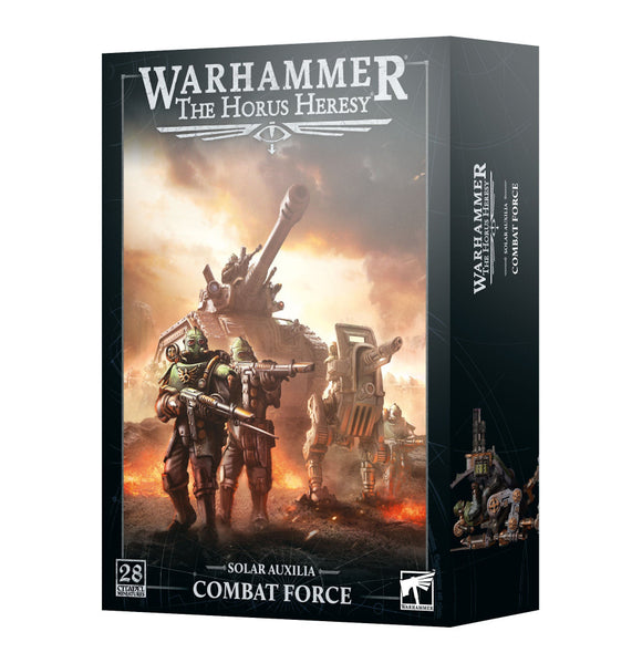 Warhammer The Horus Heresy Combat Force box with soldiers and a tank on a fiery background