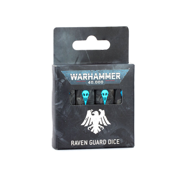 Pack of Warhammer 40,000 Raven Guard dice with packaging on a white background