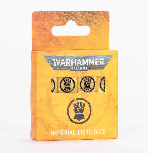 Warhammer 40,000 Imperial Fists dice set packaging on a white background