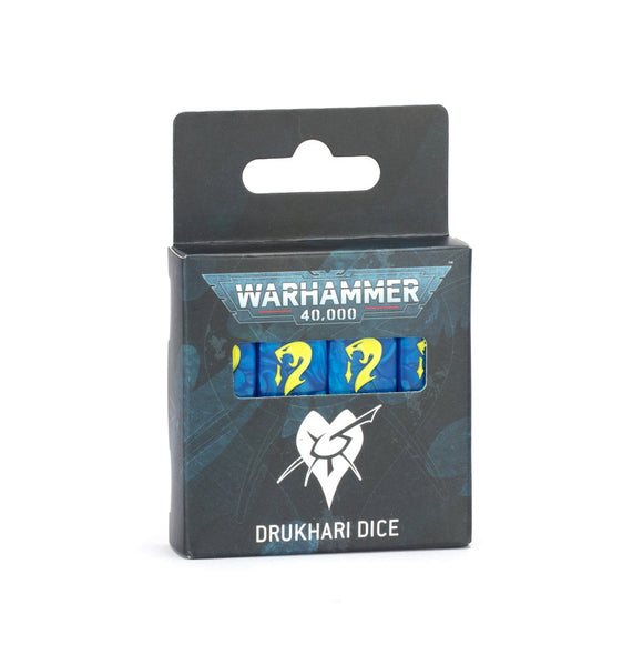 Pack of Warhammer 40,000 Drukhari dice with packaging on a white background