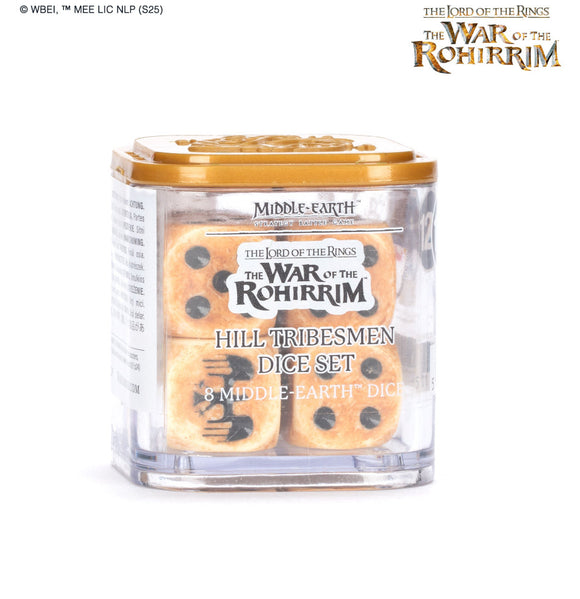 Dice set packaging for 'The Lord of the Rings: The War of the Rohirrim' with clear container and gold lid.