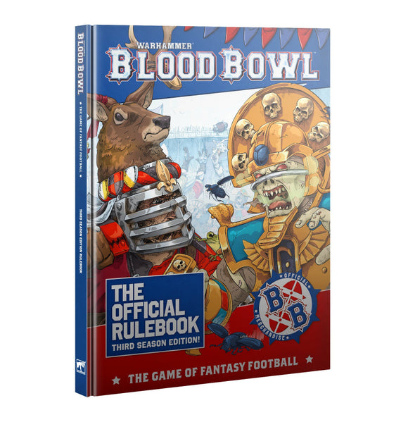 Warhammer Blood Bowl rulebook with fantasy characters on a white background