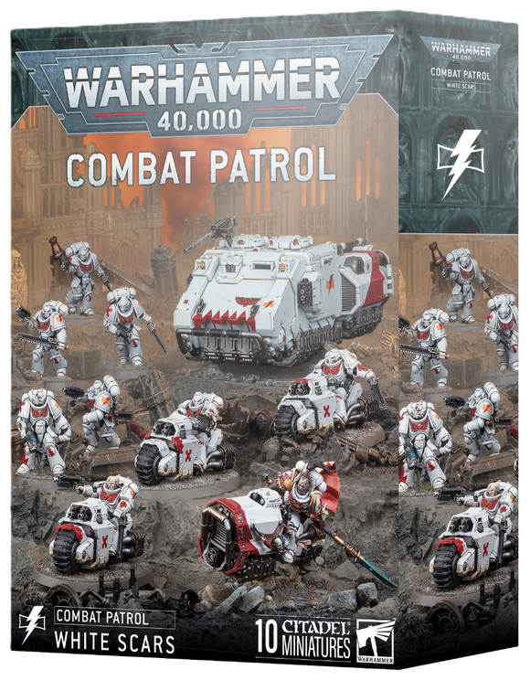 Warhammer 40,000 Combat Patrol White Scars game box with miniatures and vehicle