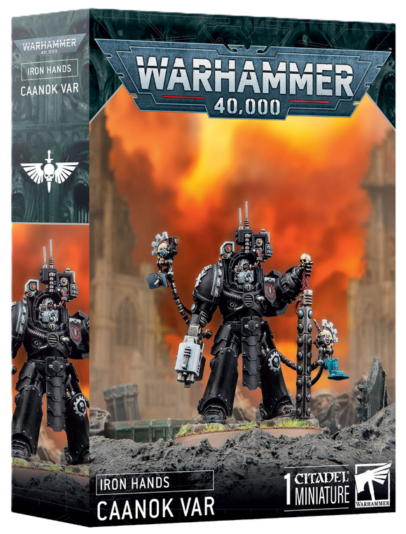 Warhammer 40,000 Iron Hands Caanok Var miniature figure packaging with fiery background