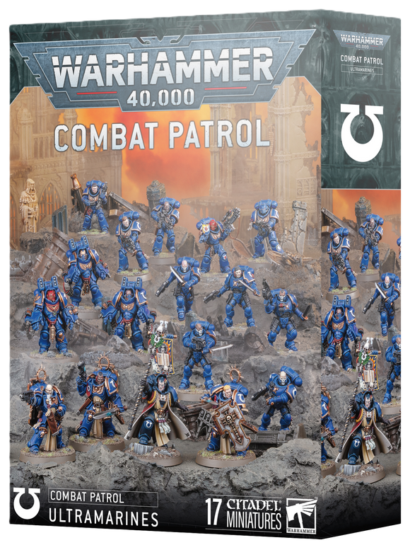 Warhammer 40,000 Combat Patrol packaging with miniatures on a desert battlefield background.