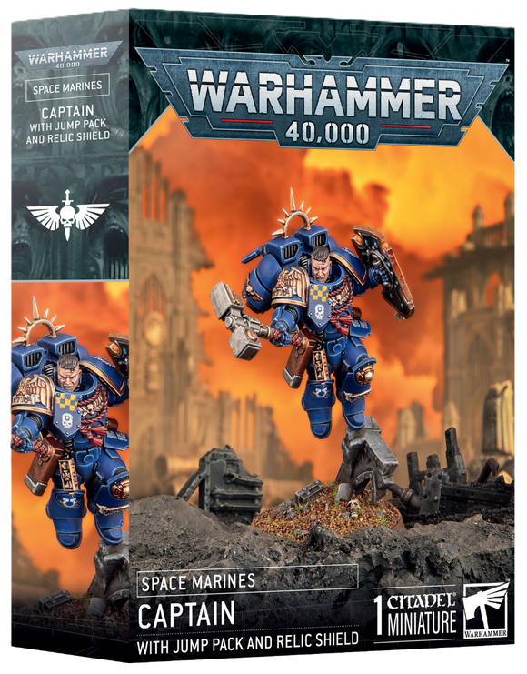 Warhammer 40,000 Space Marines Captain figure packaging with fiery background