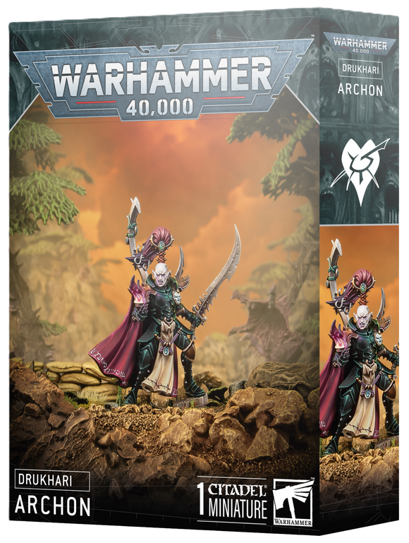 Warhammer 40,000 Drukhari Archon miniature packaging with scenic background
