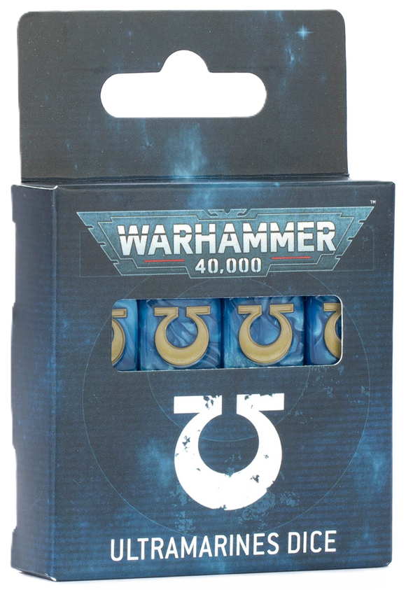 Pack of Warhammer 40,000 Ultramarines dice with packaging