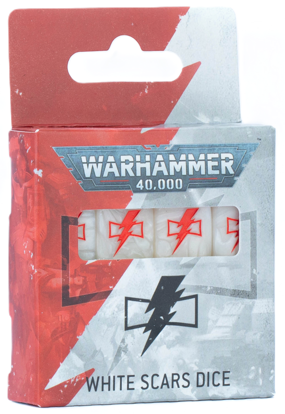 Packaged dice set for Warhammer 40,000 with red symbols on a white background