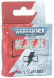 Packaged dice set for Warhammer 40,000 with red symbols on a white background