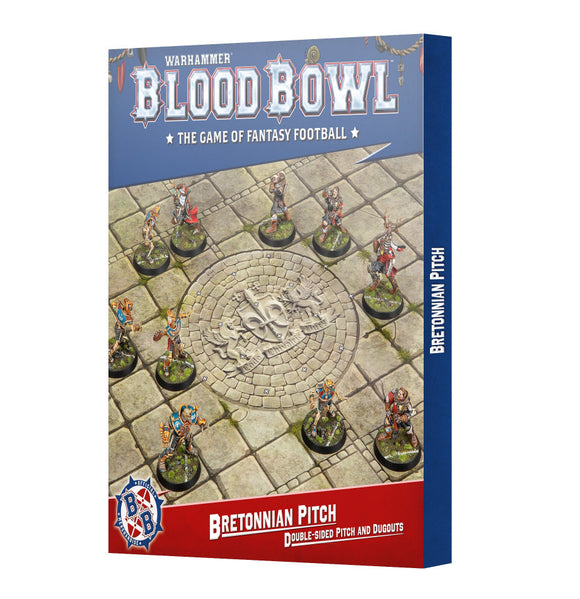 Warhammer Blood Bowl game box with miniatures on a Bretonnian Pitch