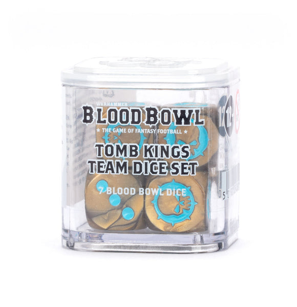 Clear container with 'Blood Bowl' Tomb Kings Team Dice Set on a white background