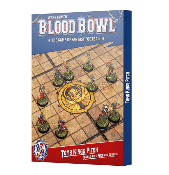 Warhammer Blood Bowl game box with miniatures on a pitch
