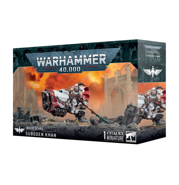 Warhammer 40,000 game box with White Scars Suboden Khan miniature on a white background