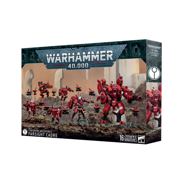 Warhammer 40,000 game box with red robot figures on a desert landscape