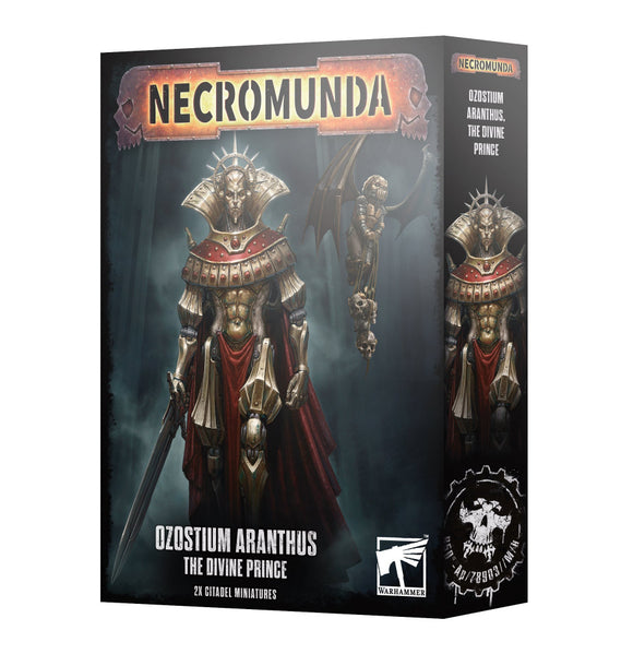 Necromunda Ozostium Aranthus packaging with warrior figure on a dark background