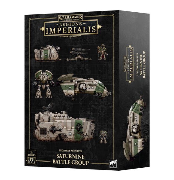 Warhammer Legions Imperialis Saturnine Battle Group box with model images on a black background
