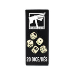 Box of Warhammer dice with dice on a black background