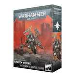 Warhammer 40,000 miniatures box with Kravek Morne figure on a white background