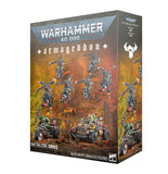 Warhammer 40,000 Armageddon game box with Ork miniatures on a white background