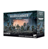 Warhammer 40,000 Astra Militarum Kasrkin 10 Citadel miniatures box, featuring illustrated green-space soldier figures on a dark sci-fi city background.