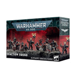 Warhammer 40,000 II City-State Miniatures Figures 'Exaction Squad' box set, featuring painted miniatures of space marine soldiers on a rocky terrain against a red and black sci-fi background.