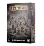 Warhammer Necromunda Delaque Underhive Crew box set, featuring a detailed sci-fi illustration of various undead miniatures on a dark, atmospheric background.
