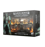 Warhammer 40k The Horus Heresy MKIV Assault Squad box set, featuring a dark green armored space marine on the front cover and a fiery battle scene with space marines on the side panel.