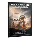 Warhammer: The Horus Heresy Journal Tactica 'Prospero Burns' book cover, featuring a detailed sci-fi battle scene with a large armored warrior and smoke-filled battlefield, shown as a 3D book mockup on a white background.