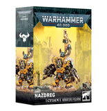 Warhammer 40,000 Orks Nazdreg miniature figurine box set, featuring a detailed sci-fi box design with illustrations of the orange and black armored ork figure against a yellow battlefield background.