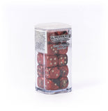 A clear plastic cylindrical container holding red polyhedral dice, with a printed Warhammer 40k logo label on the front. The product is photographed on a seamless white background.