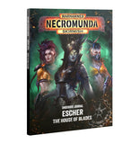 Warhammer Necromunda Skirmish Underhive Journal Escher, shown as a 3D book mockup with a dark fantasy cover illustration featuring three characters against a green and black background.