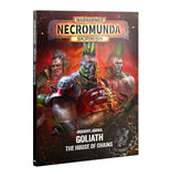 Warhammer Necromunda Skirmish Underhive Journal: Goliath The House of Chains, featuring a detailed fantasy cover illustration of a warrior with a spiked helmet and glowing red armor against a fiery red and black background.
