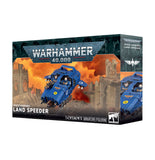 Warhammer 40,000 Space Marines Land Speeder miniature figure box, featuring a blue vehicle and space marines on the front packaging.