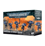 Warhammer 40,000 Space Marines Vanguard Veteran Squad miniatures box set, featuring five blue-armored sci-fi soldier figures on the front of the packaging.