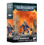 Warhammer 40,000 Space Marines Kaius Konorius miniature figure box, featuring a blue and red armored warrior in a fiery orange sci-fi cityscape, with Warhammer and Games Workshop branding.