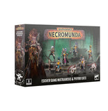 Warhammer Necromunda Escher Gang Matriarchs & Phyrr Cats tabletop miniatures box, showing the product packaging with illustrated character art and a display of the miniatures on a white background.