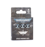 Pack of Warhammer 40,000 Space Marines dice in their original retail packaging, featuring a dark, industrial design with the Warhammer logo and the Space Marines winged skull emblem.