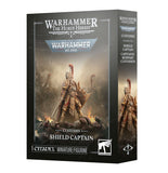 Warhammer 40,000 The Horus Heresy Custodes Shield Captain miniature box by Games Workshop, featuring a detailed illustration of a shield captain warrior on the front and side panels.