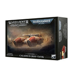 Warhammer 40,000 Caladius Grav-Tank miniatures kit box by Games Workshop, featuring artwork of the red and beige tank on a dark, dusty battlefield background.