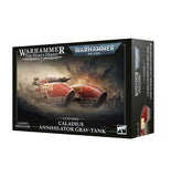 Warhammer 40k The Horus Heresy Custodes Caladius Annihilator Grav-Tank mini figure box, featuring a red and orange armored tank illustration on a dark background.