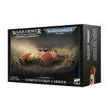 Warhammer 40k The Horus Heresy Custodes Coronus Grav-Carrier figure box, showing the product packaging with artwork of the vehicle in a dusty desert scene.